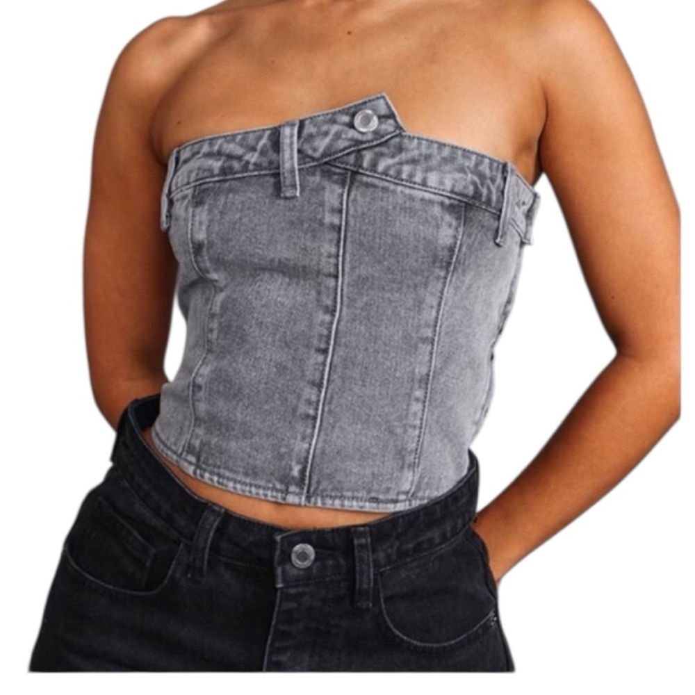 PrettyLittleThing Petite Grey Denim Button Detail Corset - Size 00